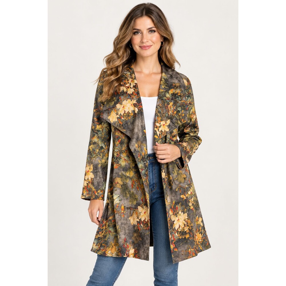 Anthropologie Solitaire Floral Faux Suede Jacket Open Front Boho Multicolor Sz L
